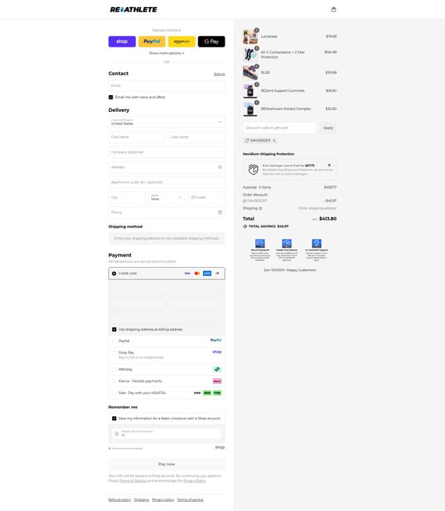 ReAthlete checkout page showing ReAthlete discount code box | Screenshot taken by SimplyCodes community member on Sep 13, 2025