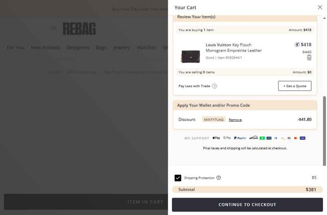 Rebag checkout page showing Rebag promo code box | Screenshot taken by SimplyCodes community member on Jul 31, 2025