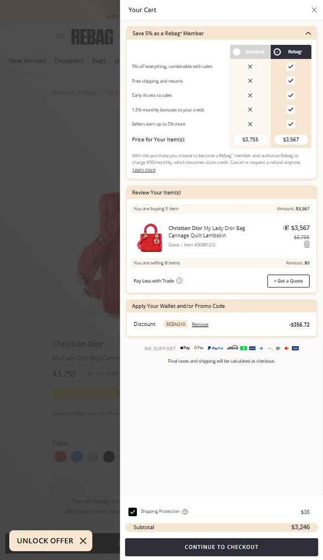 Rebag checkout page showing Rebag promo code box | Screenshot taken by SimplyCodes community member on Sep 1, 2025