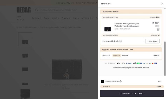 Rebag checkout page showing Rebag promo code box | Screenshot taken by SimplyCodes community member on Aug 21, 2025