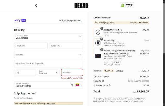 Rebag checkout page showing Rebag promo code box | Screenshot taken by SimplyCodes community member on Aug 21, 2025