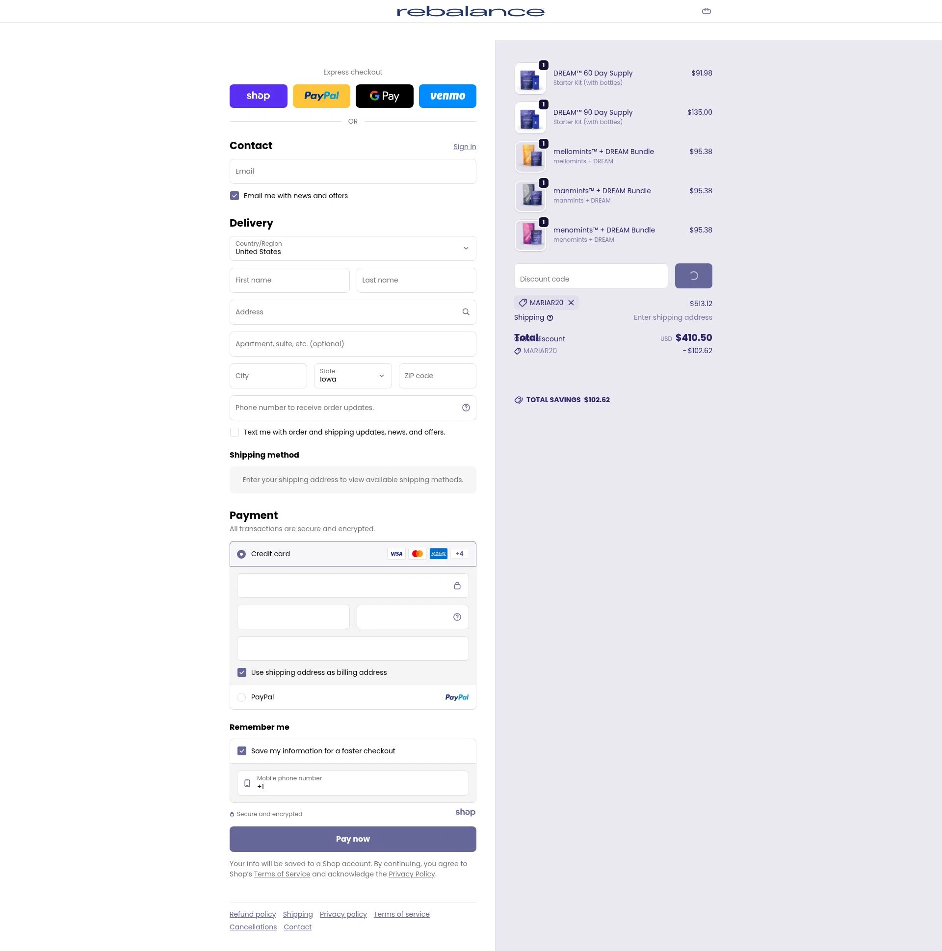 Rebalance Health checkout page showing Rebalance Health promo code box | Screenshot taken by SimplyCodes community member on Jan 8, 2026