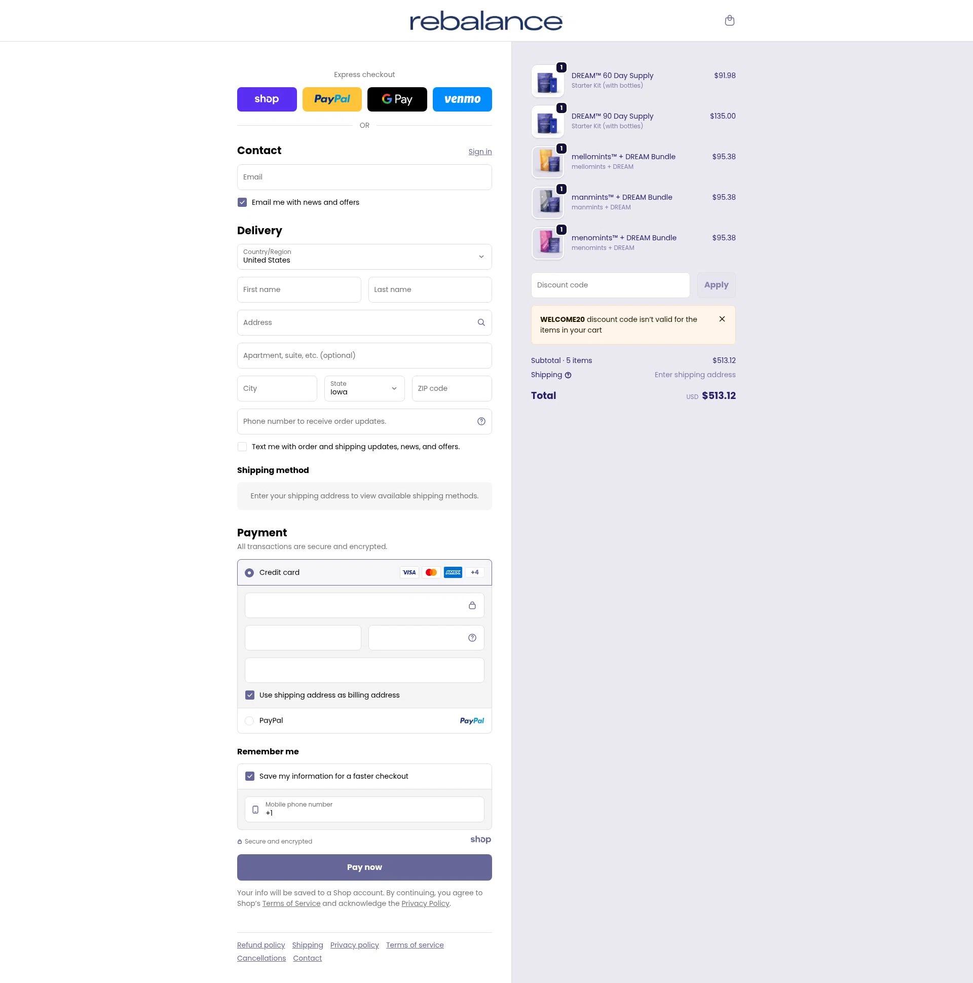 Rebalance Health checkout page showing Rebalance Health promo code box | Screenshot taken by SimplyCodes community member on Jan 8, 2026