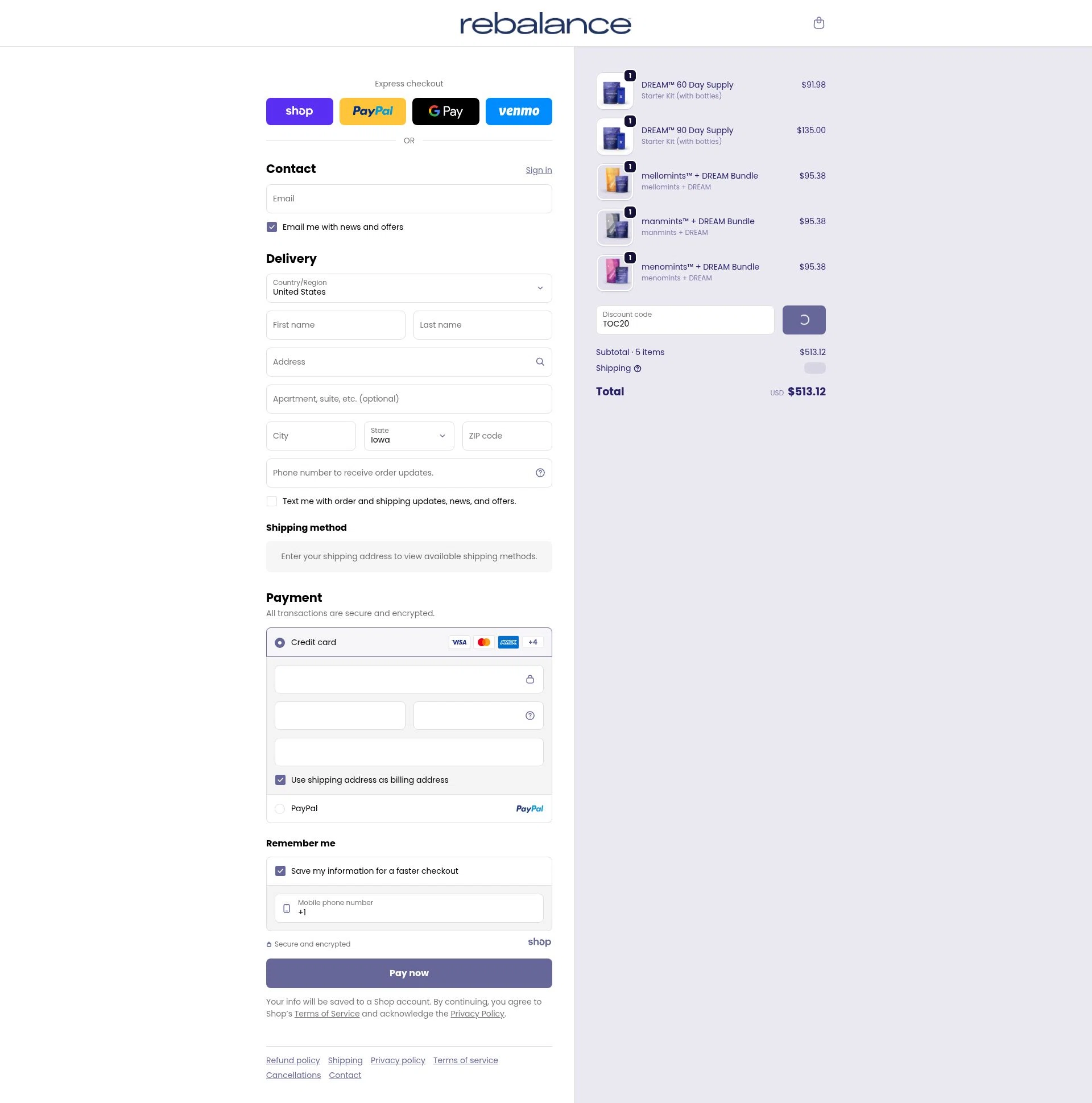 Rebalance Health checkout page showing Rebalance Health promo code box | Screenshot taken by SimplyCodes community member on Jan 8, 2026