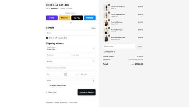 Rebecca Taylor checkout page showing Rebecca Taylor promo code box | Screenshot taken by SimplyCodes community member on Sep 12, 2025