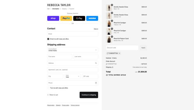 Rebecca Taylor checkout page showing Rebecca Taylor promo code box | Screenshot taken by SimplyCodes community member on Sep 12, 2025
