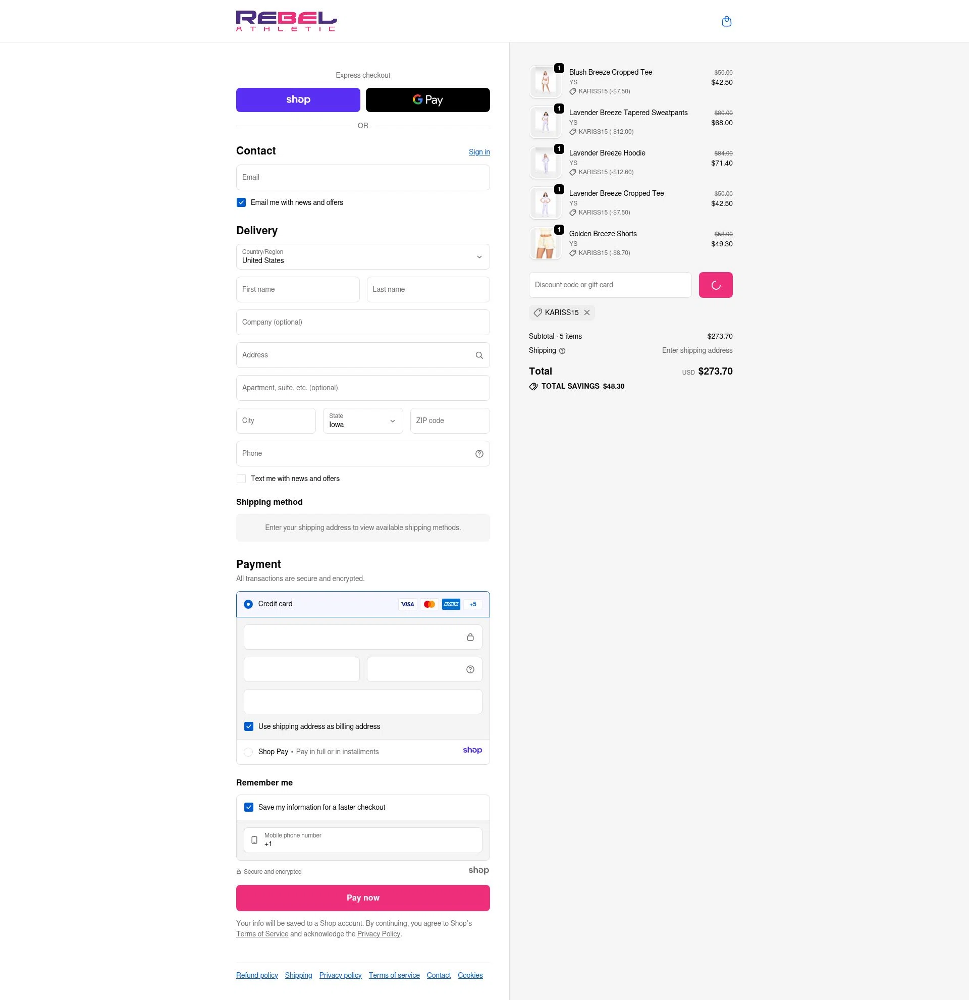 Rebel Athletic checkout page showing Rebel Athletic coupon code box | Screenshot taken by SimplyCodes community member on Dec 28, 2025
