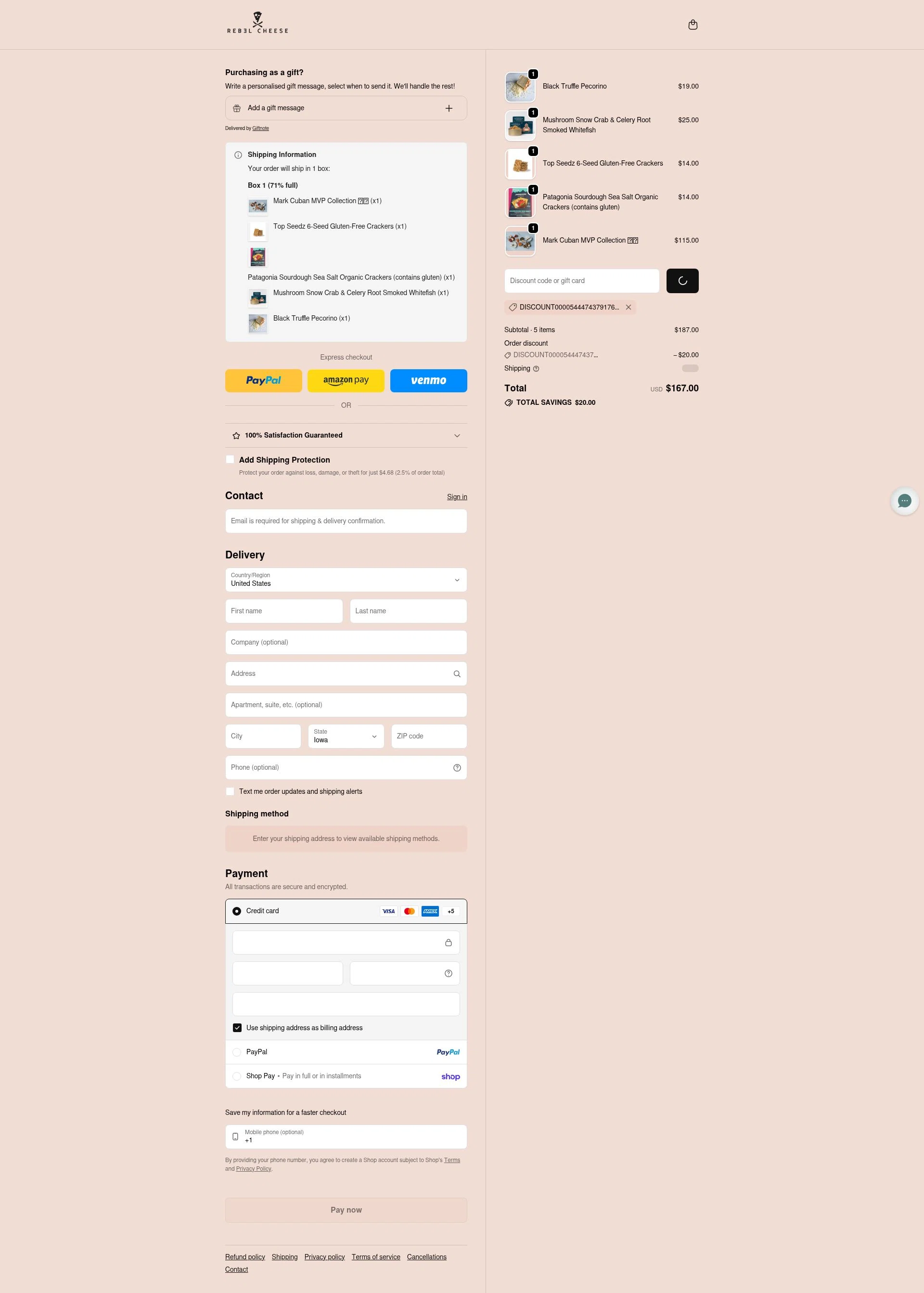 Rebel Cheese checkout page showing Rebel Cheese discount code box | Screenshot taken by SimplyCodes community member on Feb 3, 2026