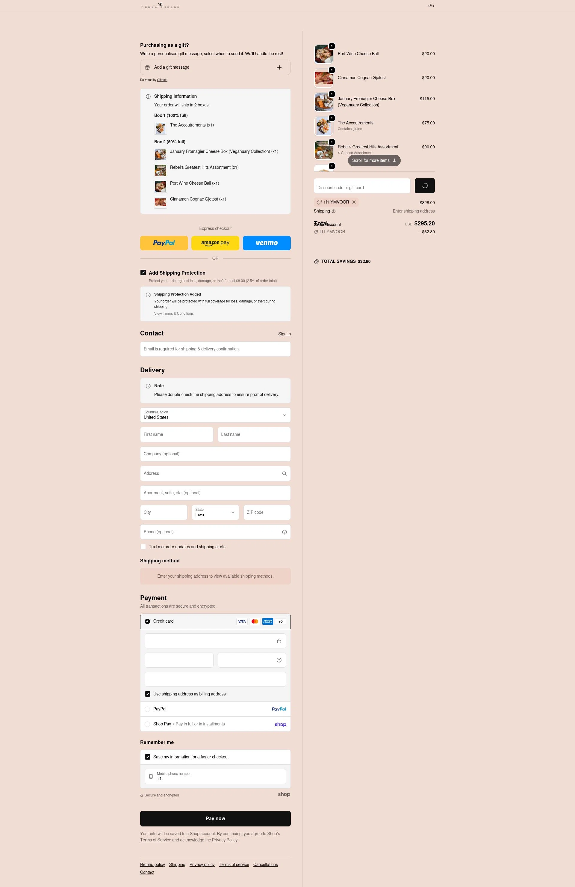 Rebel Cheese checkout page showing Rebel Cheese discount code box | Screenshot taken by SimplyCodes community member on Jan 30, 2026