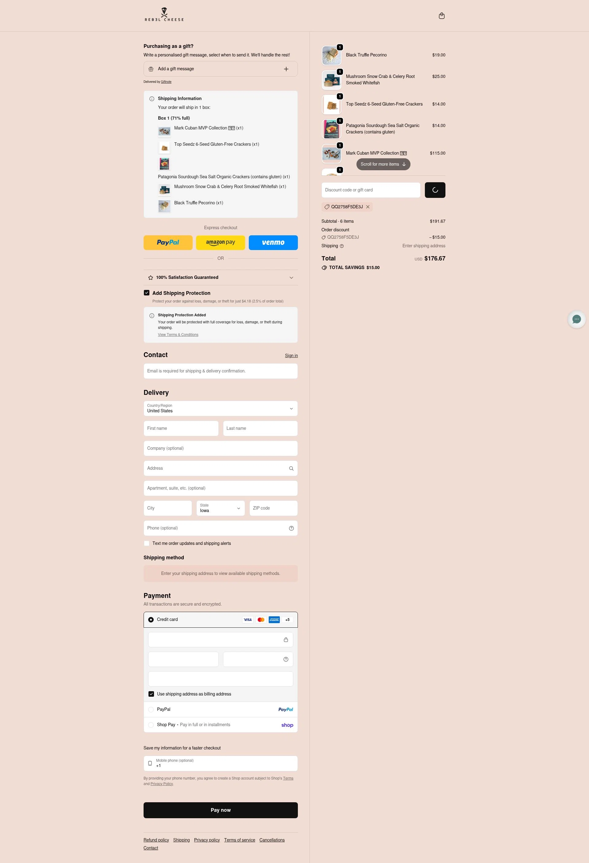 Rebel Cheese checkout page showing Rebel Cheese discount code box | Screenshot taken by SimplyCodes community member on Feb 3, 2026