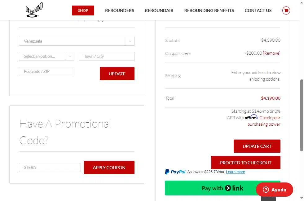 ReboundAIR checkout page showing ReboundAIR coupon code box | Screenshot taken by SimplyCodes community member on Oct 25, 2025
