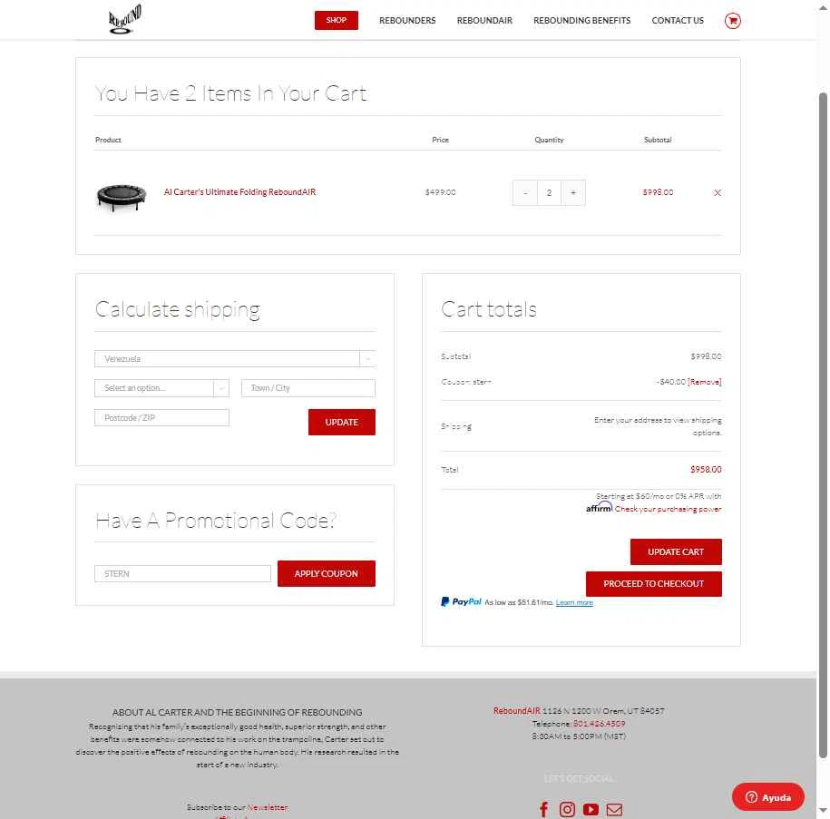 ReboundAIR checkout page showing ReboundAIR coupon code box | Screenshot taken by SimplyCodes community member on Oct 25, 2025