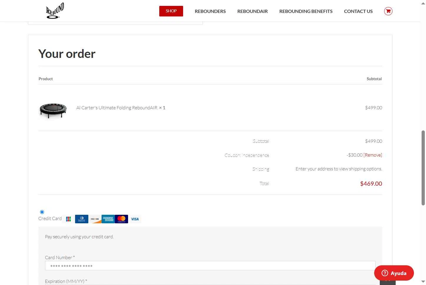 ReboundAIR checkout page showing ReboundAIR coupon code box | Screenshot taken by SimplyCodes community member on Jun 17, 2025