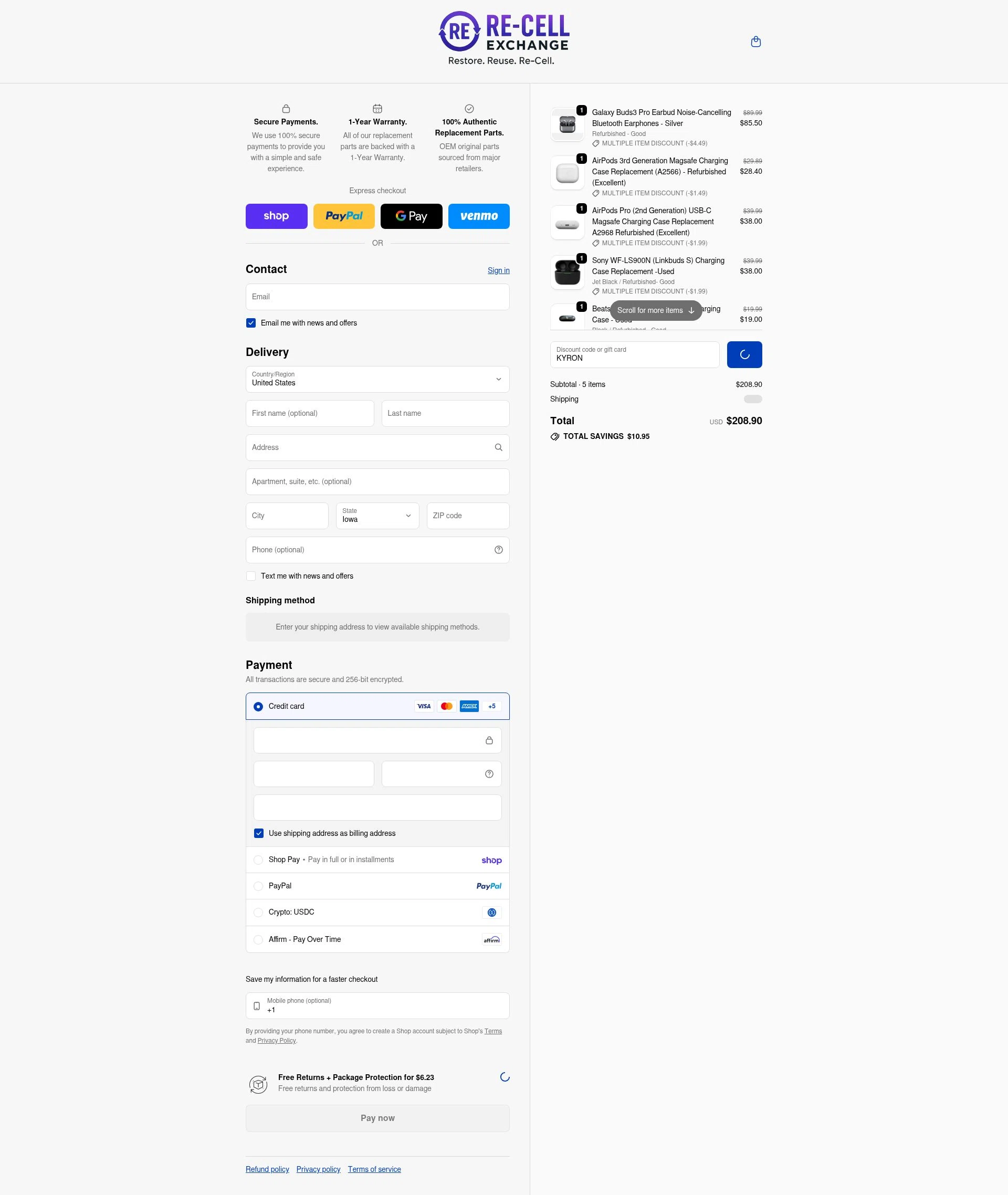ReCellExchange checkout page showing ReCellExchange coupon code box | Screenshot taken by SimplyCodes community member on Feb 9, 2026