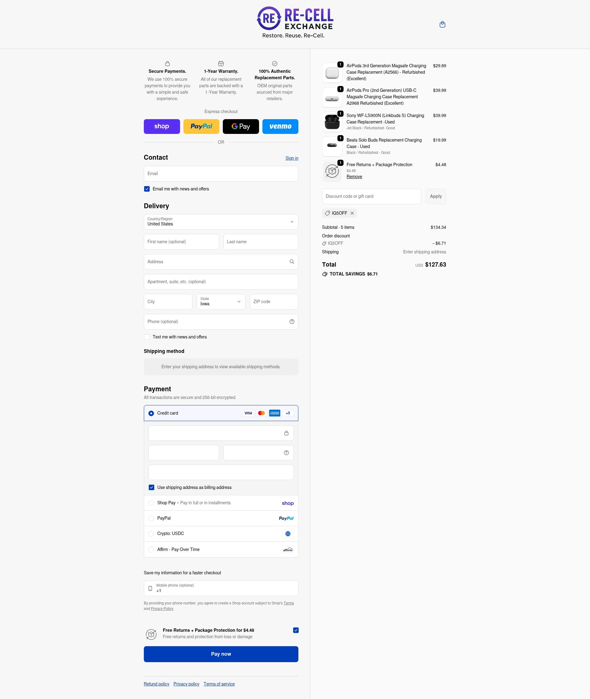 ReCellExchange checkout page showing ReCellExchange coupon code box | Screenshot taken by SimplyCodes community member on Feb 14, 2026