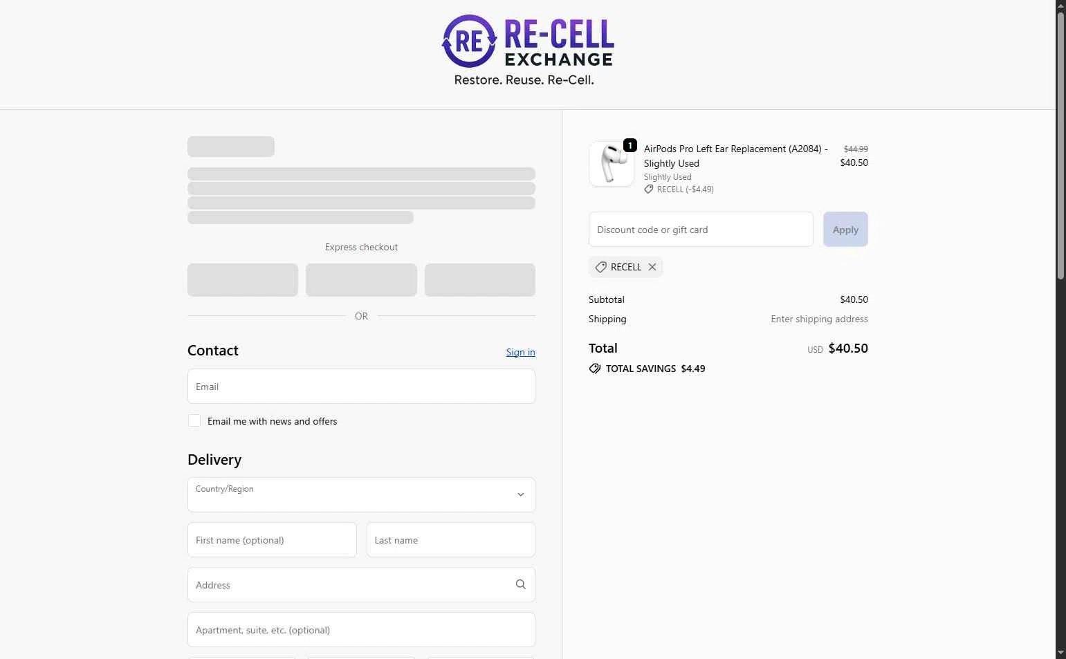 ReCellExchange checkout page showing ReCellExchange coupon code box | Screenshot taken by SimplyCodes community member on Feb 14, 2026