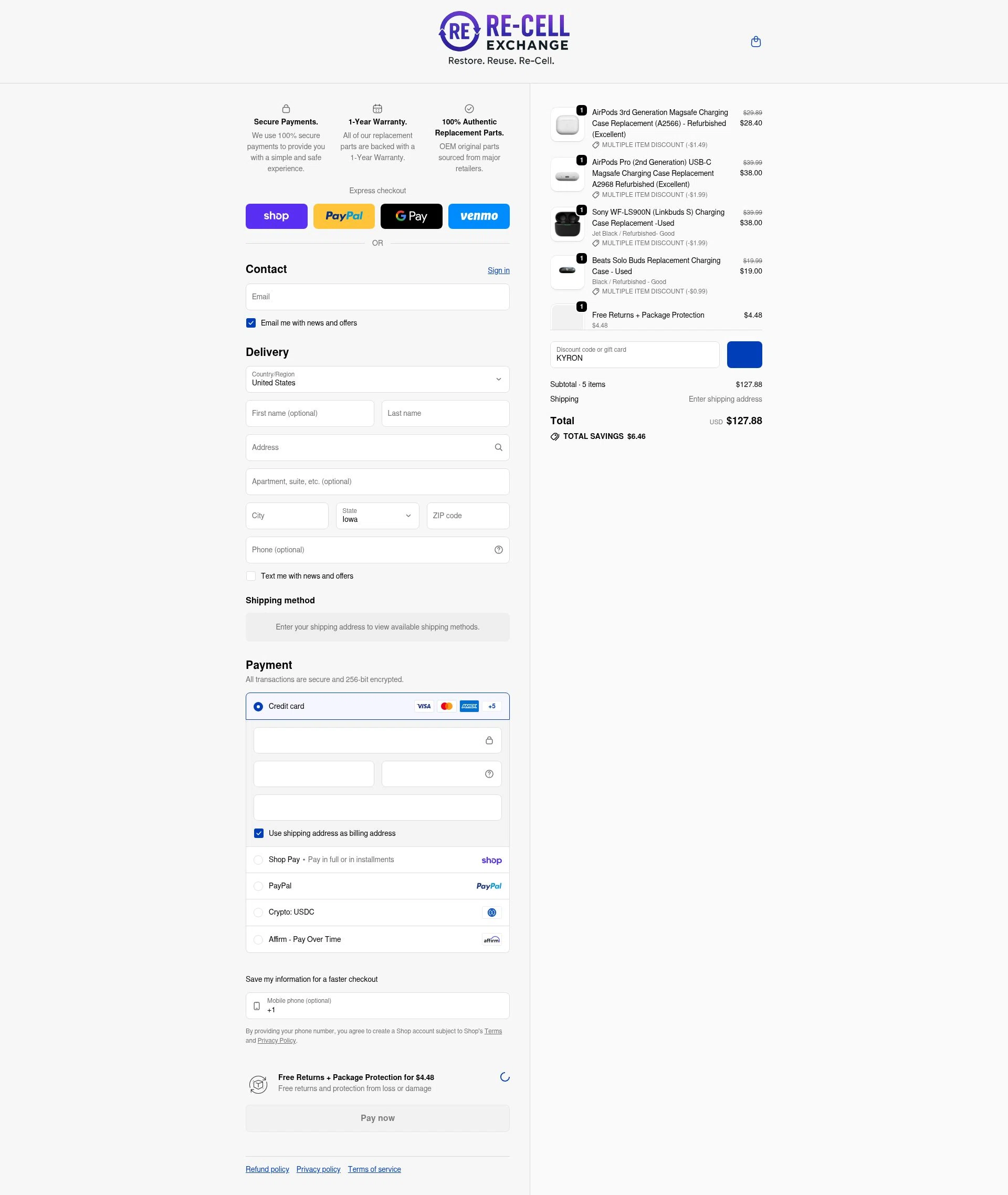 ReCellExchange checkout page showing ReCellExchange coupon code box | Screenshot taken by SimplyCodes community member on Feb 14, 2026