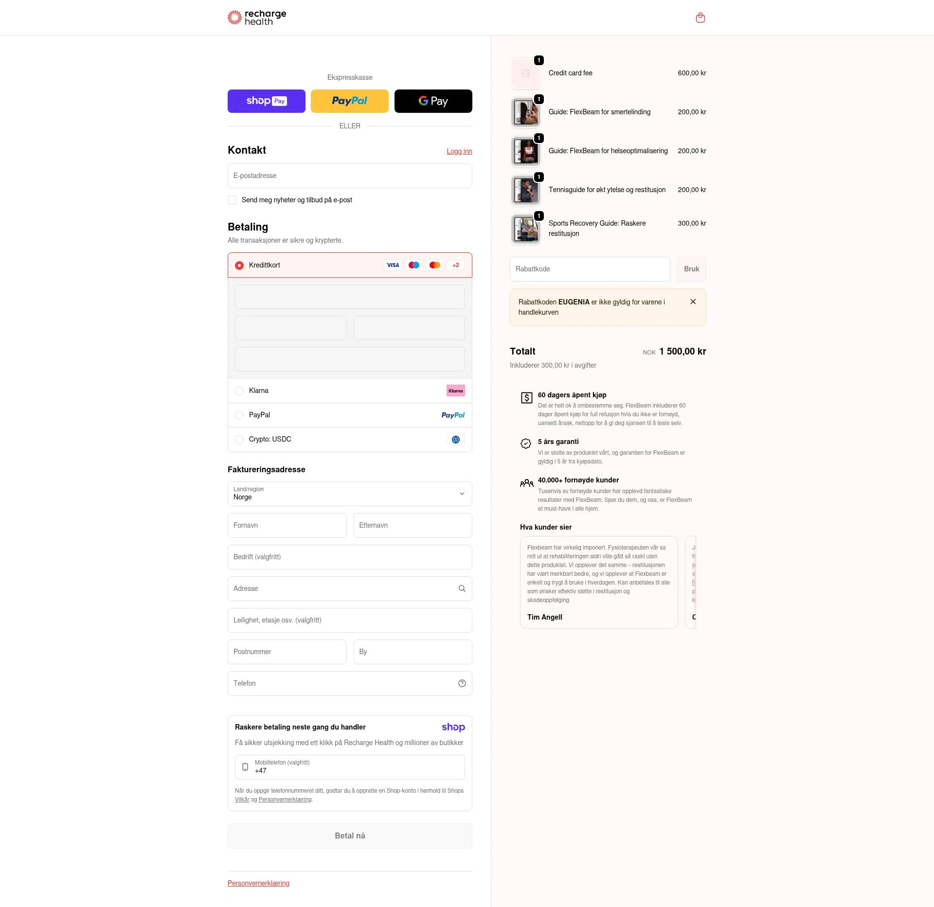 Recharge Health checkout page showing Recharge Health promo code box | Screenshot taken by SimplyCodes community member on Jan 9, 2026