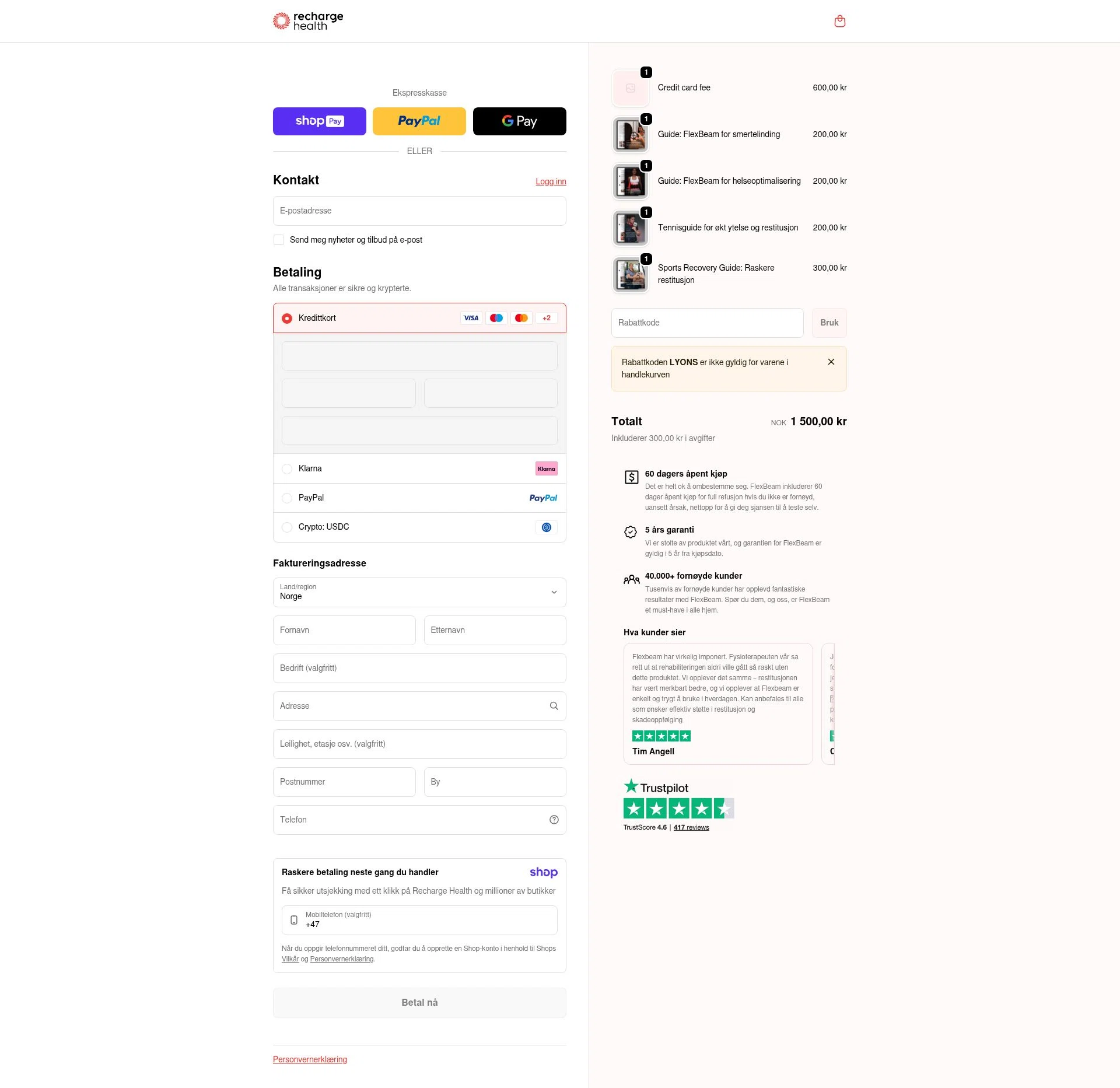 Recharge Health checkout page showing Recharge Health promo code box | Screenshot taken by SimplyCodes community member on Jan 9, 2026