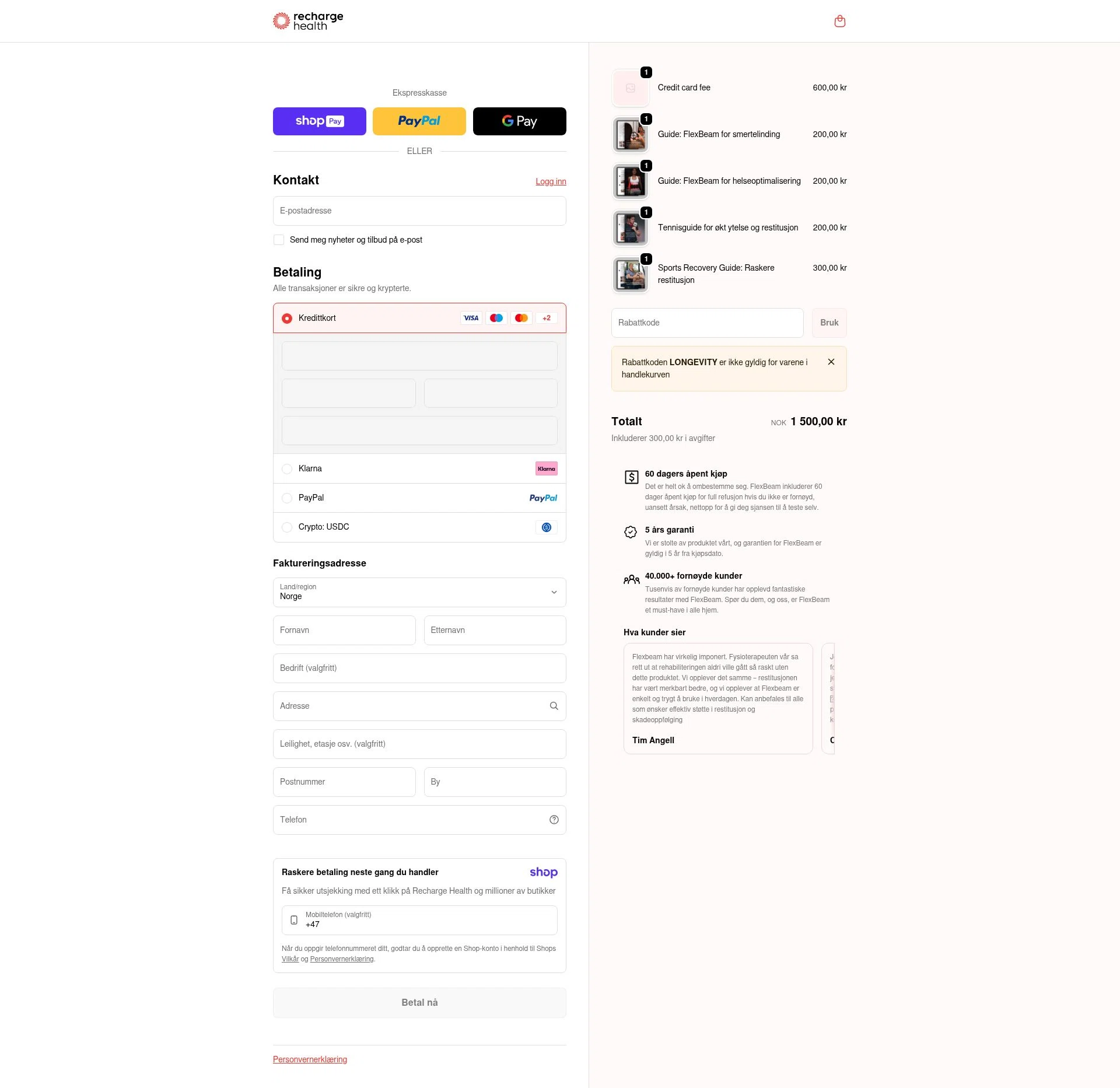 Recharge Health checkout page showing Recharge Health promo code box | Screenshot taken by SimplyCodes community member on Jan 9, 2026