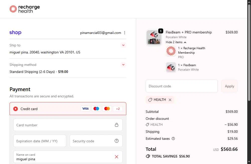 Recharge Health checkout page showing Recharge Health promo code box | Screenshot taken by SimplyCodes community member on Jan 9, 2026