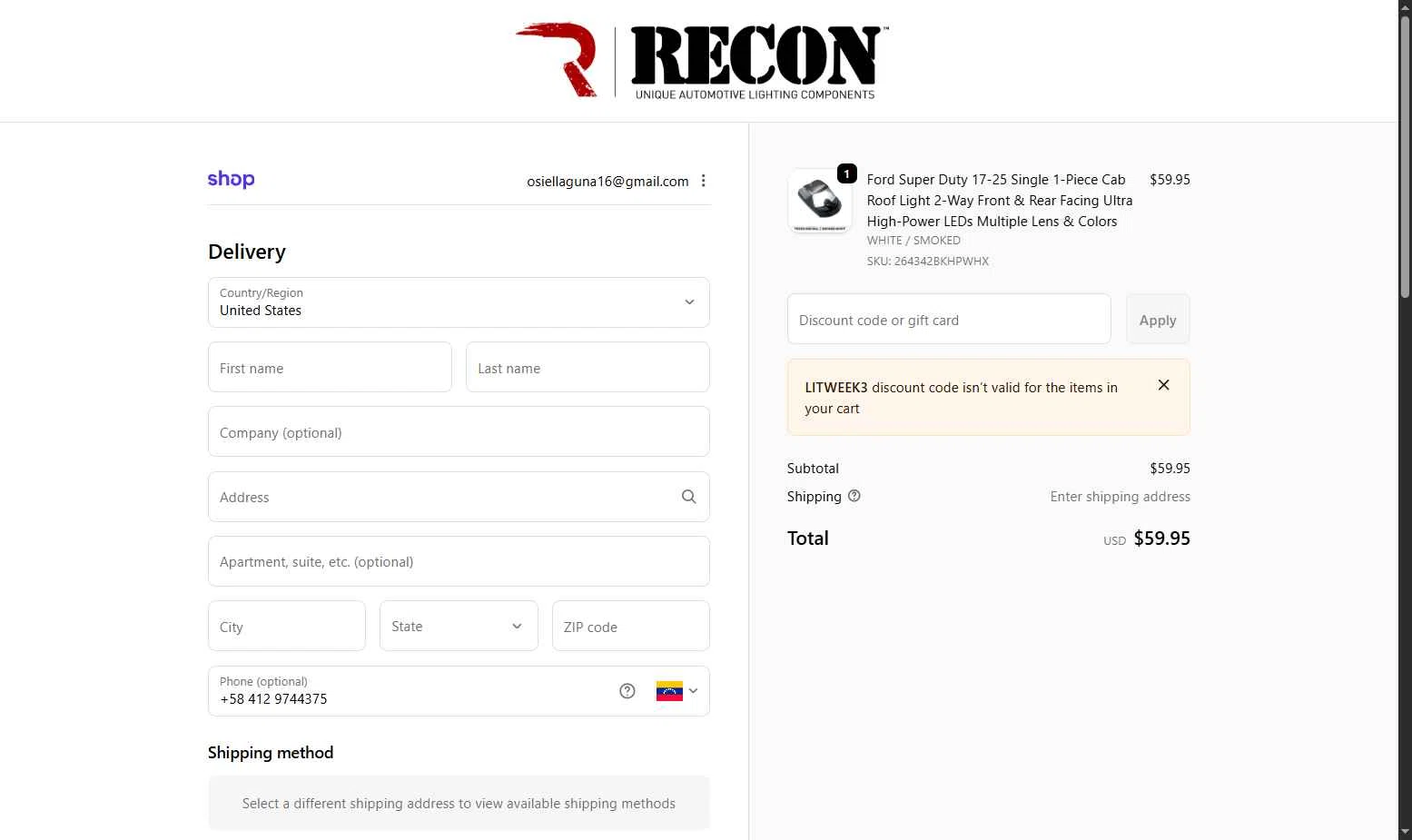 RECON checkout page showing RECON promo code box | Screenshot taken by SimplyCodes community member on Feb 14, 2026