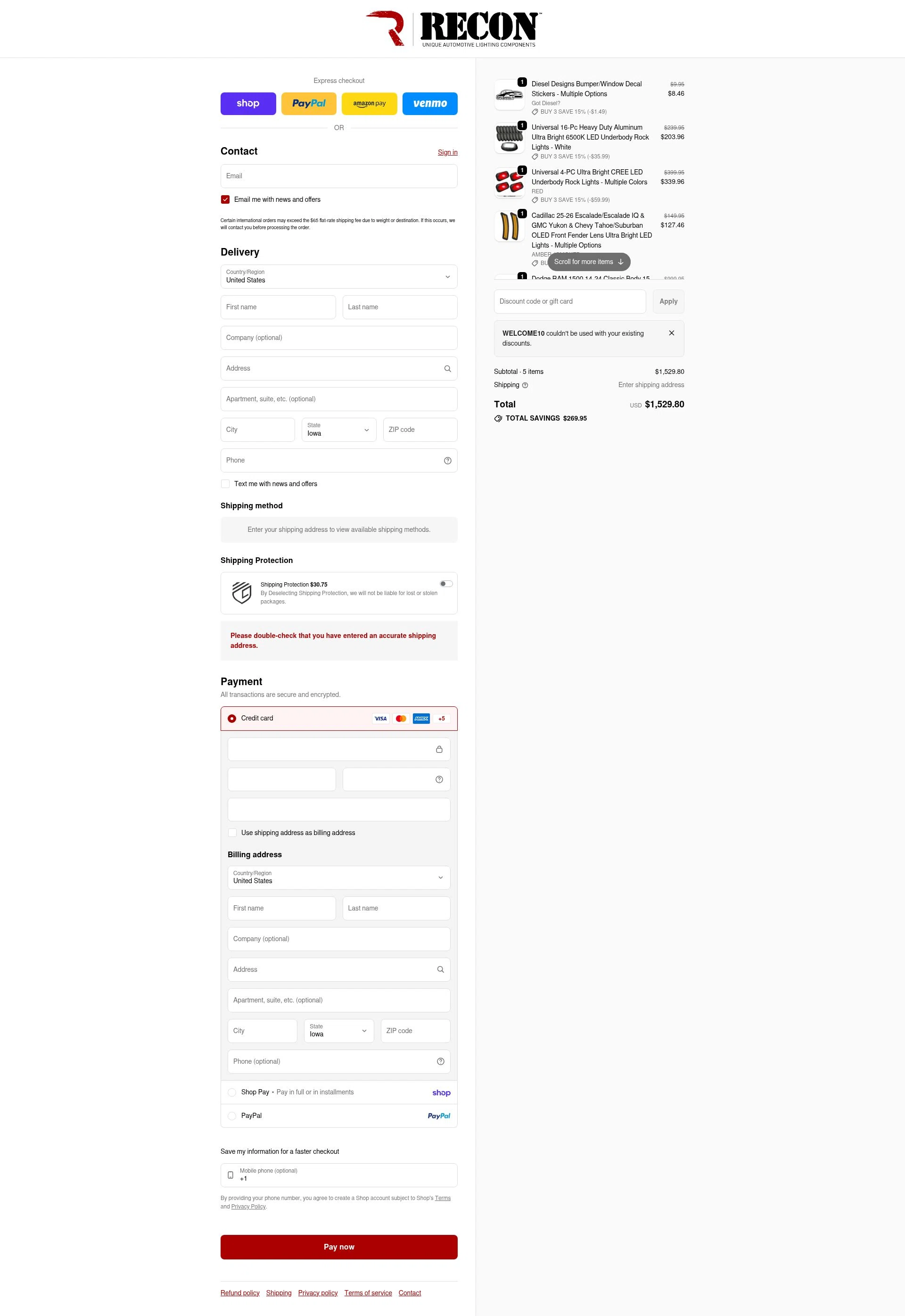 RECON checkout page showing RECON promo code box | Screenshot taken by SimplyCodes community member on Feb 14, 2026