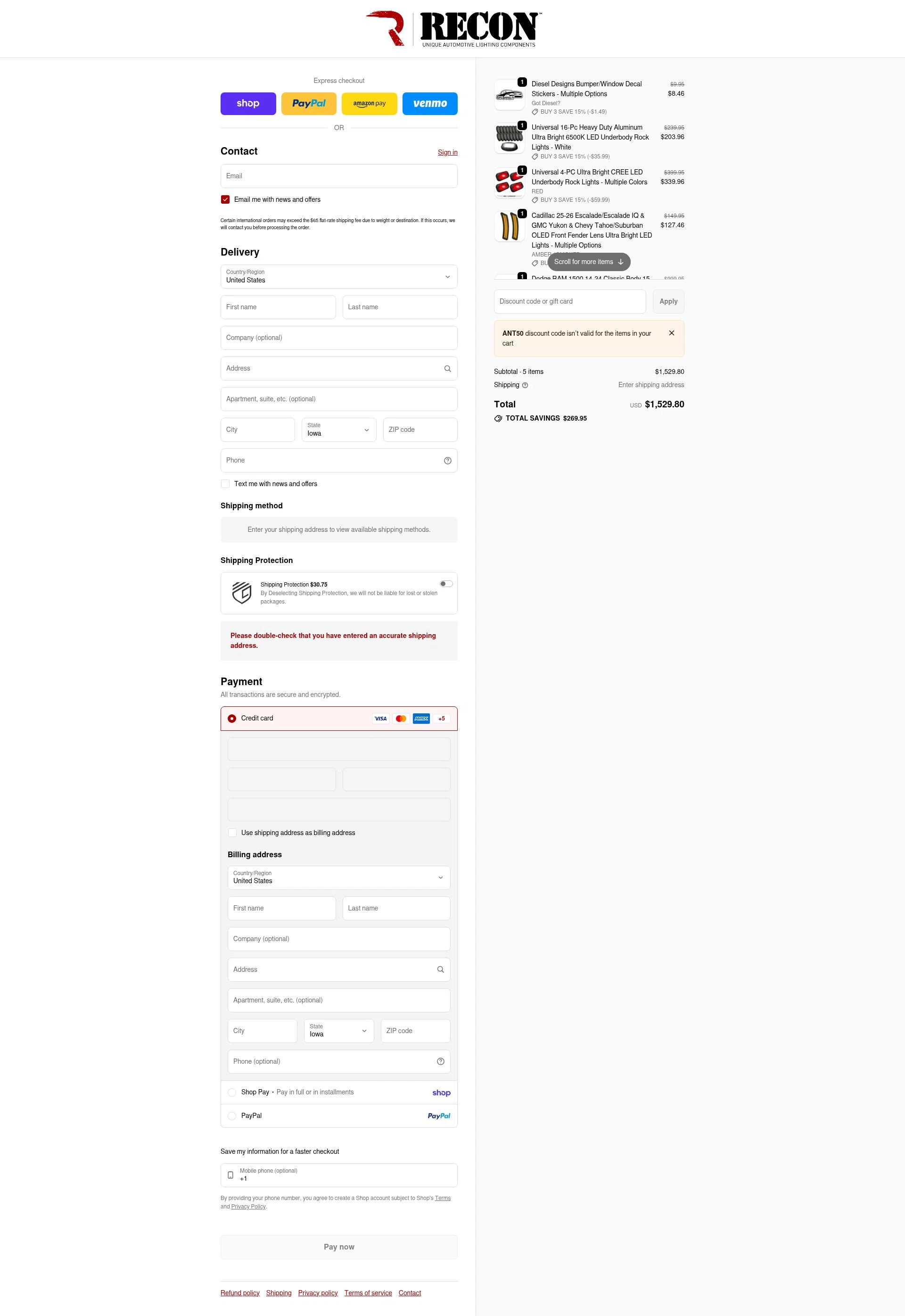 RECON checkout page showing RECON promo code box | Screenshot taken by SimplyCodes community member on Feb 14, 2026