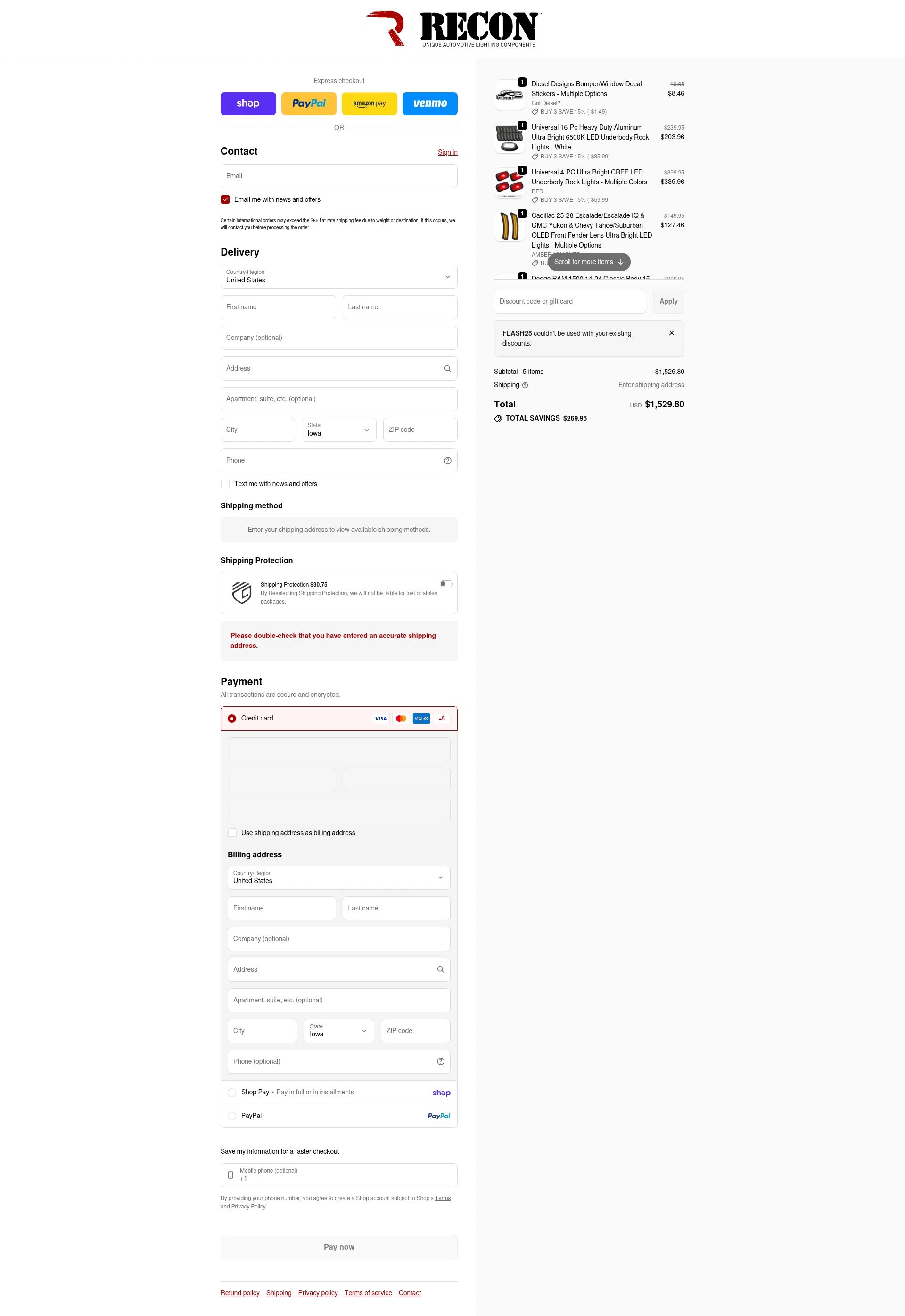 RECON checkout page showing RECON promo code box | Screenshot taken by SimplyCodes community member on Feb 14, 2026