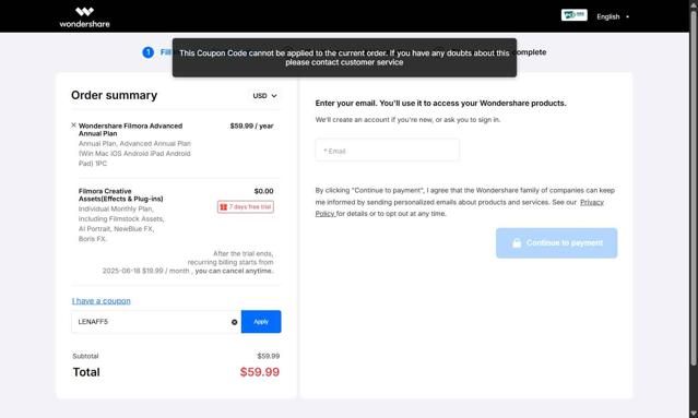 Recoverit checkout page showing Recoverit promo code box | Screenshot taken by SimplyCodes community member on Jun 12, 2025