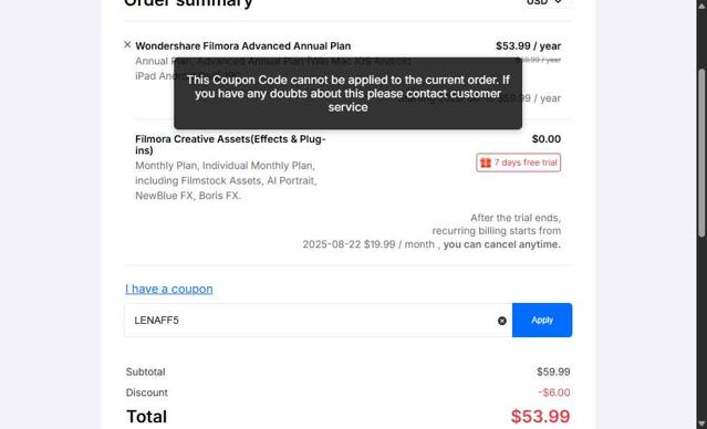 Recoverit checkout page showing Recoverit promo code box | Screenshot taken by SimplyCodes community member on Aug 15, 2025