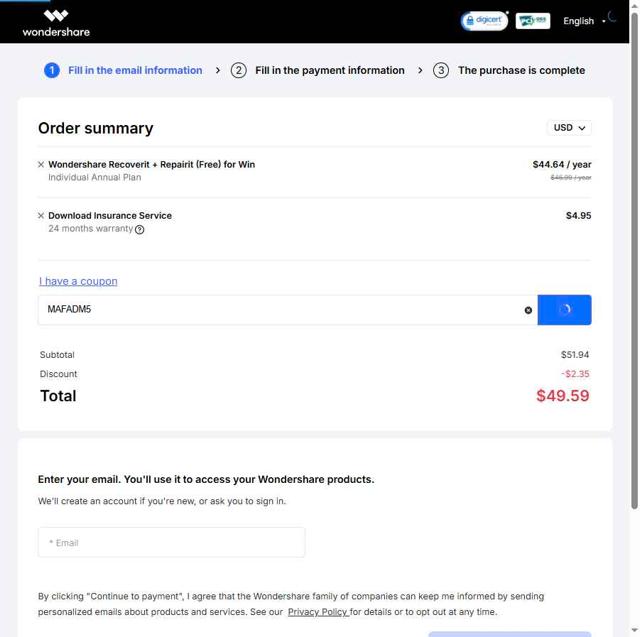 Recoverit checkout page showing Recoverit promo code box | Screenshot taken by SimplyCodes community member on May 13, 2025