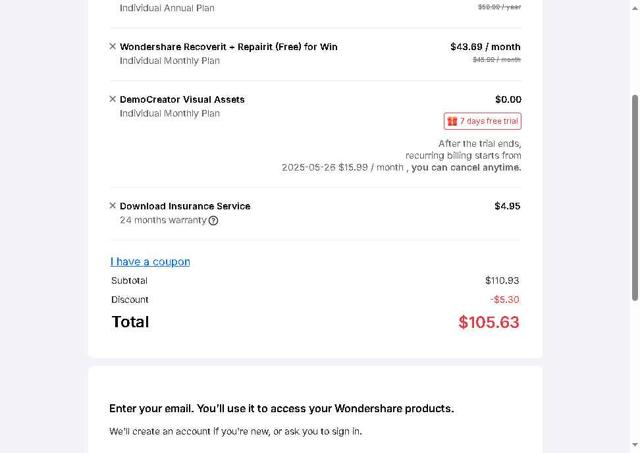 Recoverit checkout page showing Recoverit promo code box | Screenshot taken by SimplyCodes community member on May 19, 2025