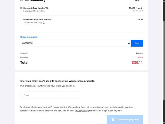 Recoverit checkout page showing Recoverit promo code box | Screenshot taken by SimplyCodes community member on Apr 20, 2025
