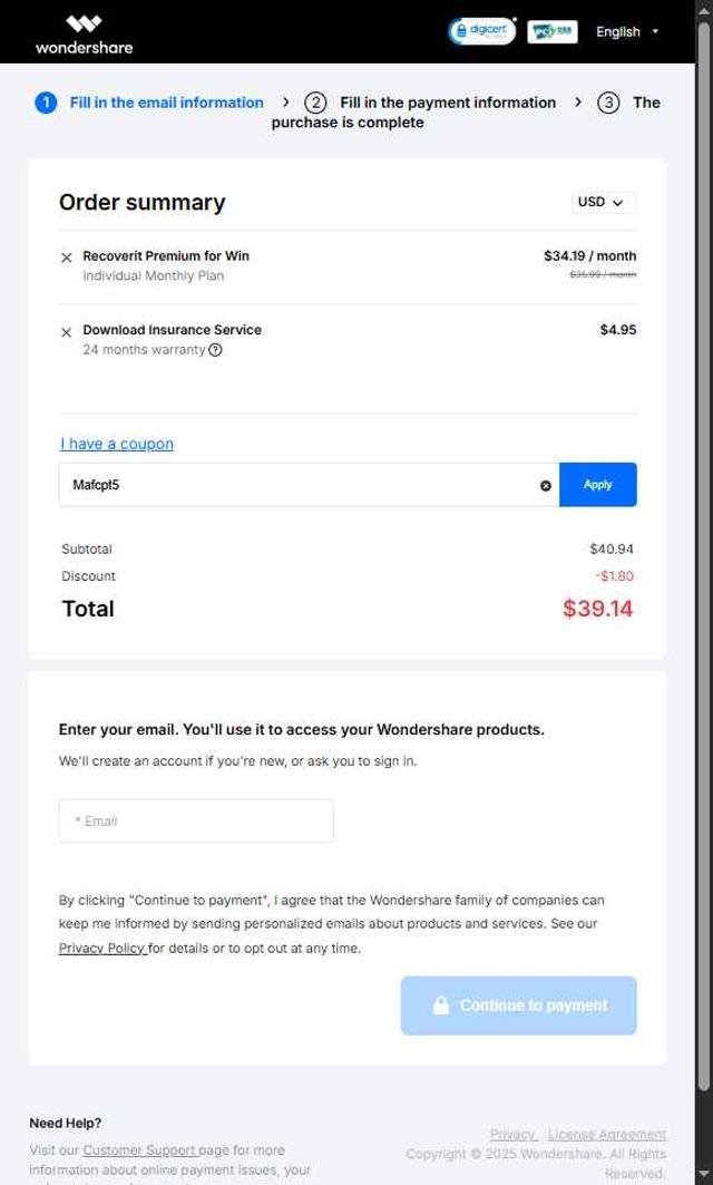 Recoverit checkout page showing Recoverit promo code box | Screenshot taken by SimplyCodes community member on Apr 30, 2025