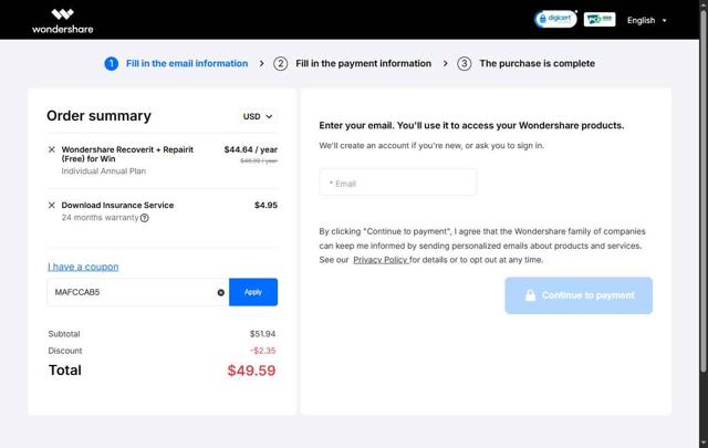 Recoverit checkout page showing Recoverit promo code box | Screenshot taken by SimplyCodes community member on May 4, 2025