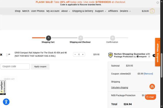 Recover Tactical checkout page showing Recover Tactical coupon code box | Screenshot taken by SimplyCodes community member on Sep 8, 2025