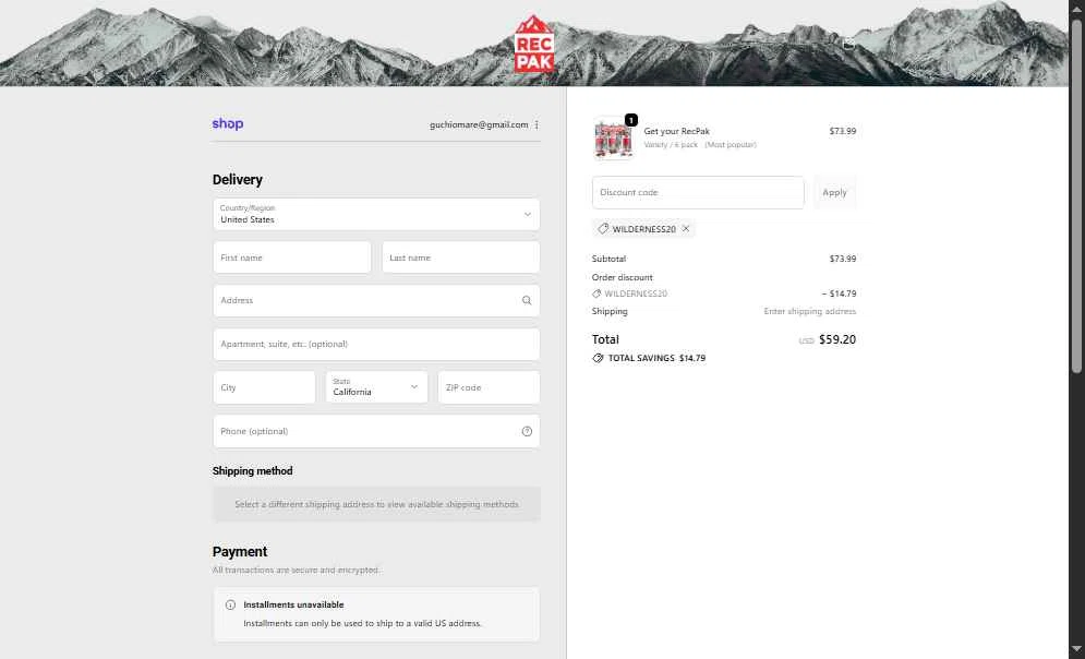 Recpak checkout page showing Recpak promo code box | Screenshot taken by SimplyCodes community member on Nov 21, 2025