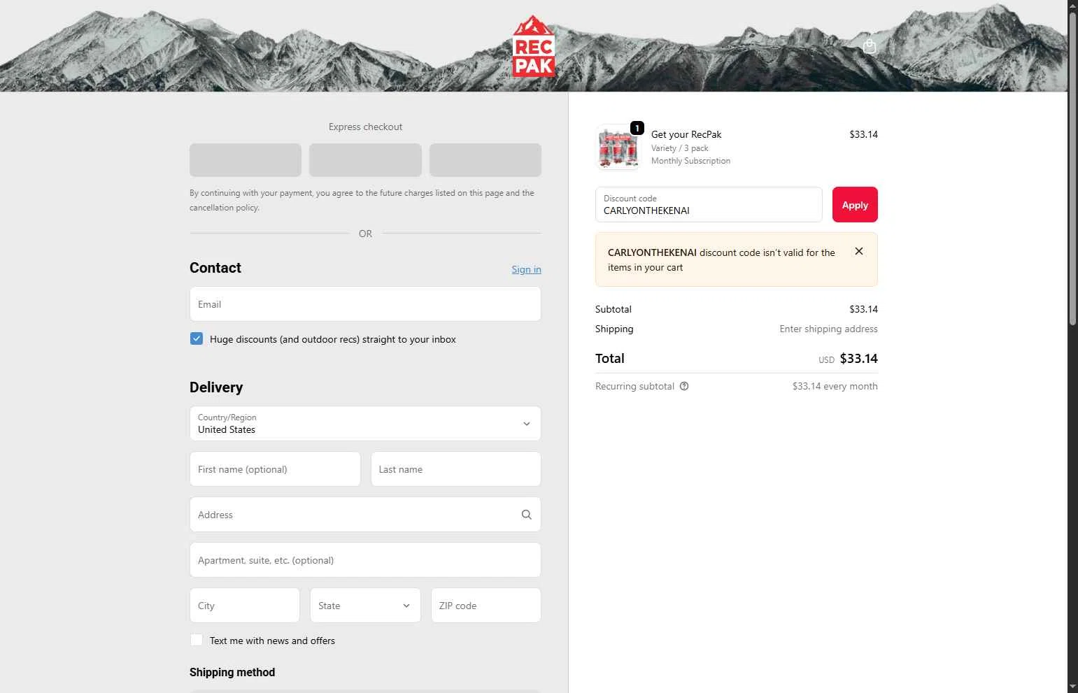 Recpak checkout page showing Recpak promo code box | Screenshot taken by SimplyCodes community member on Nov 27, 2025