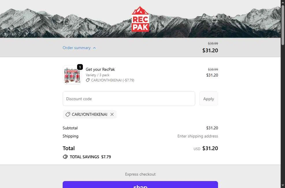 Recpak checkout page showing Recpak promo code box | Screenshot taken by SimplyCodes community member on Oct 29, 2025