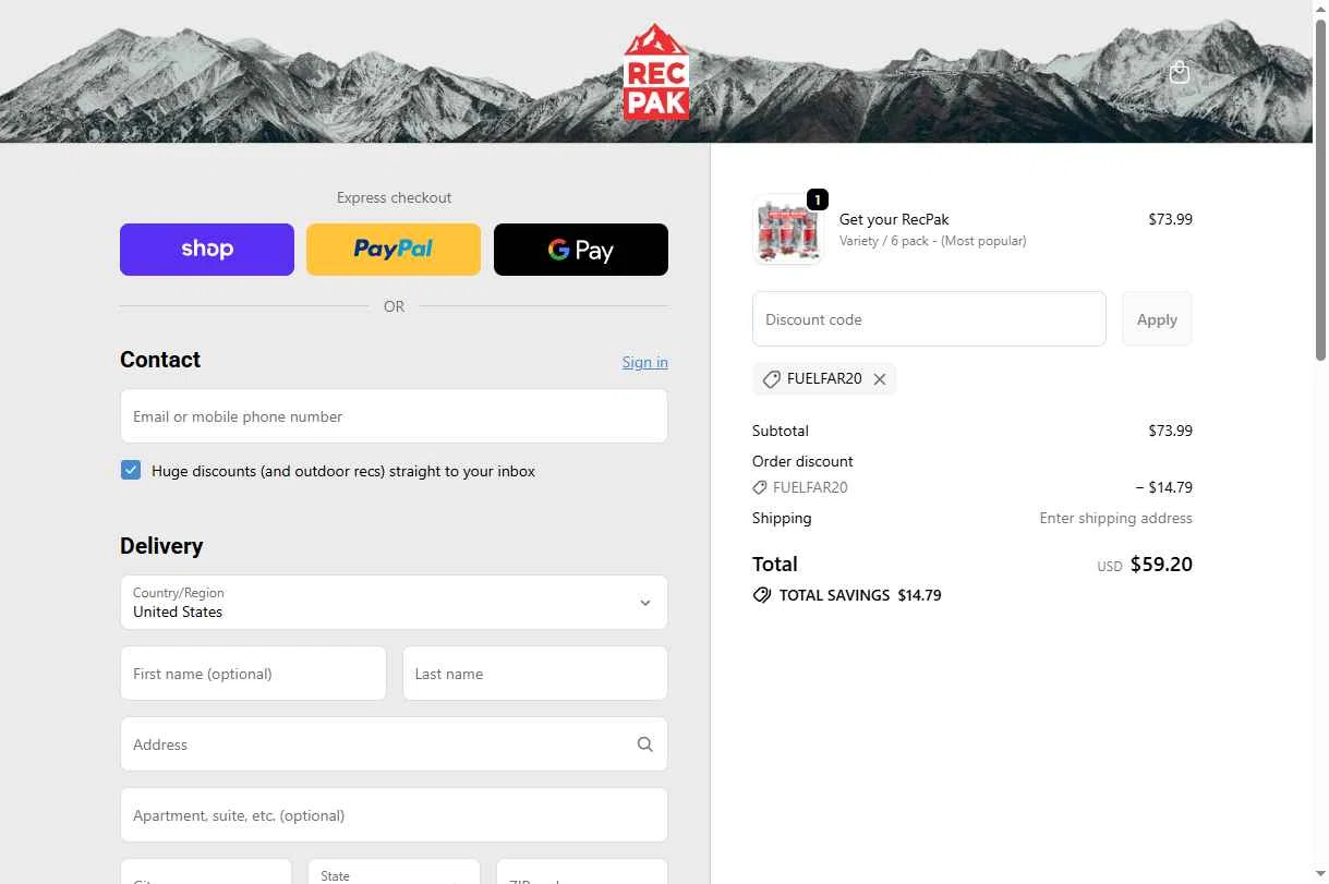 Recpak checkout page showing Recpak promo code box | Screenshot taken by SimplyCodes community member on Nov 21, 2025