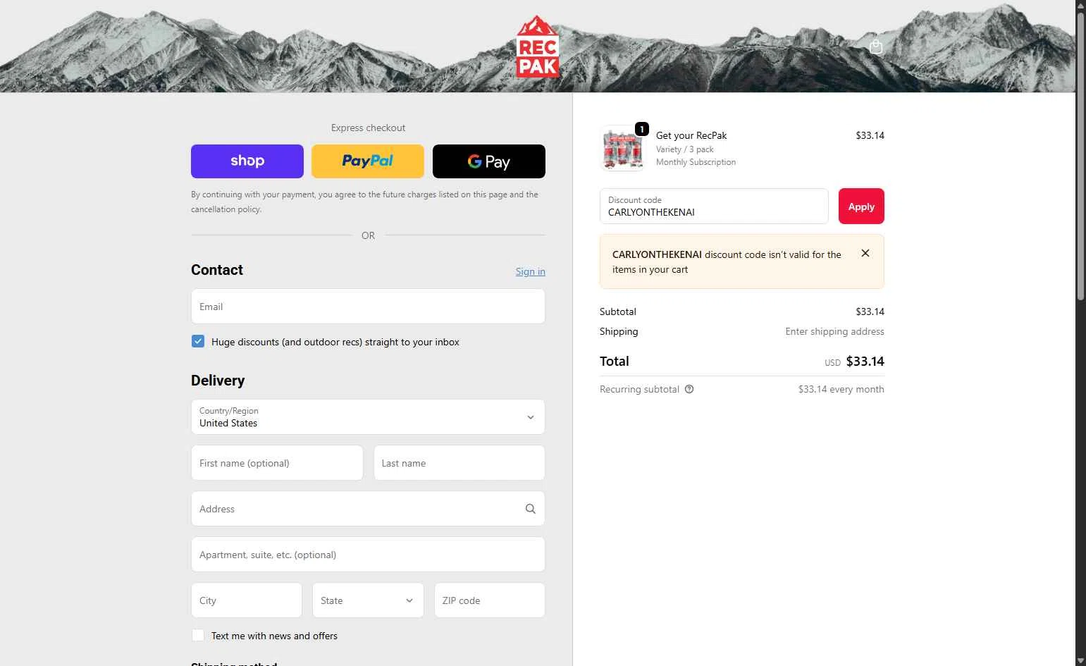 Recpak checkout page showing Recpak promo code box | Screenshot taken by SimplyCodes community member on Sep 30, 2025