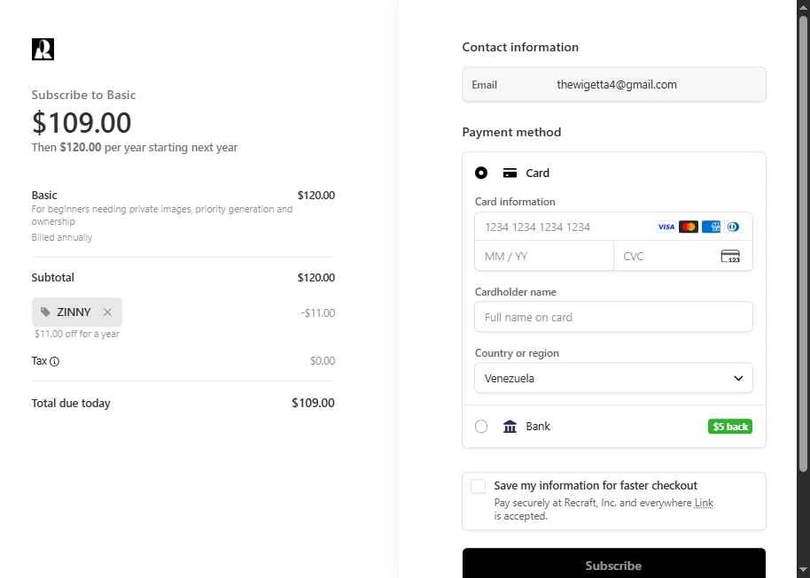 Recraft checkout page showing Recraft promo code box | Screenshot taken by SimplyCodes community member on Sep 2, 2025