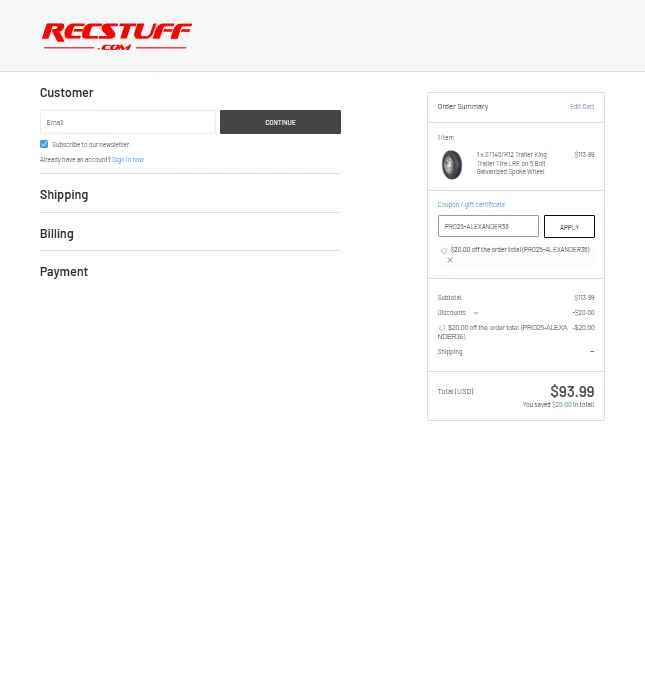 Recstuff.com checkout page showing Recstuff.com coupon code box | Screenshot taken by SimplyCodes community member on Feb 12, 2026