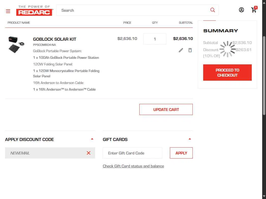 REDARC checkout page showing REDARC discount code box | Screenshot taken by SimplyCodes community member on Jul 9, 2025