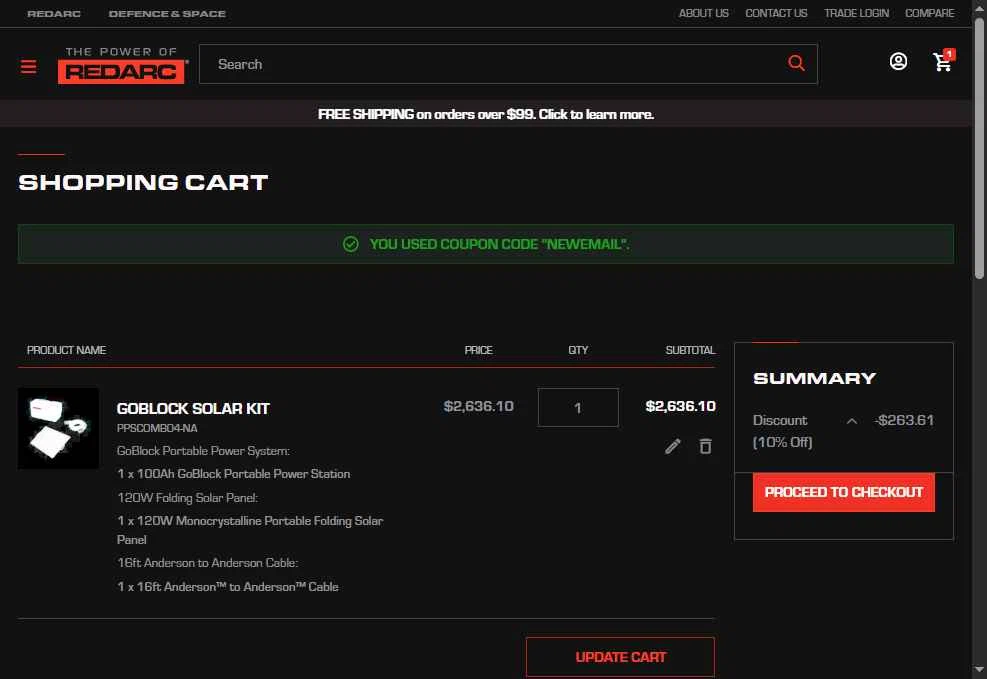 REDARC checkout page showing REDARC discount code box | Screenshot taken by SimplyCodes community member on Jul 9, 2025