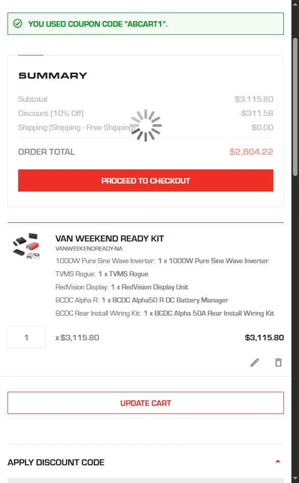 REDARC checkout page showing REDARC discount code box | Screenshot taken by SimplyCodes community member on Dec 16, 2025