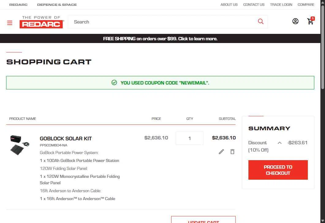 REDARC checkout page showing REDARC discount code box | Screenshot taken by SimplyCodes community member on Sep 3, 2025