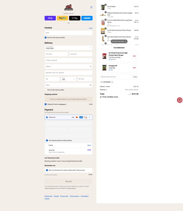 Redbarn checkout page showing Redbarn discount code box | Screenshot taken by SimplyCodes community member on Sep 6, 2025