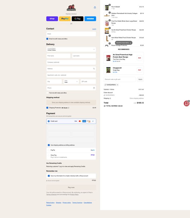 Redbarn checkout page showing Redbarn discount code box | Screenshot taken by SimplyCodes community member on Sep 6, 2025